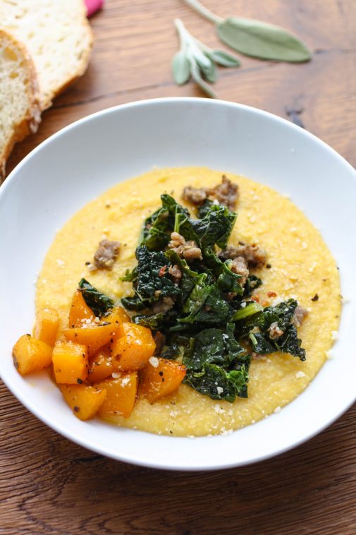 Butternut Squash Grits with Sausage and Kale