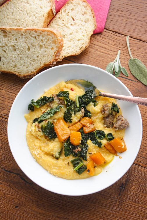 Butternut Squash Grits with Sausage and Kale