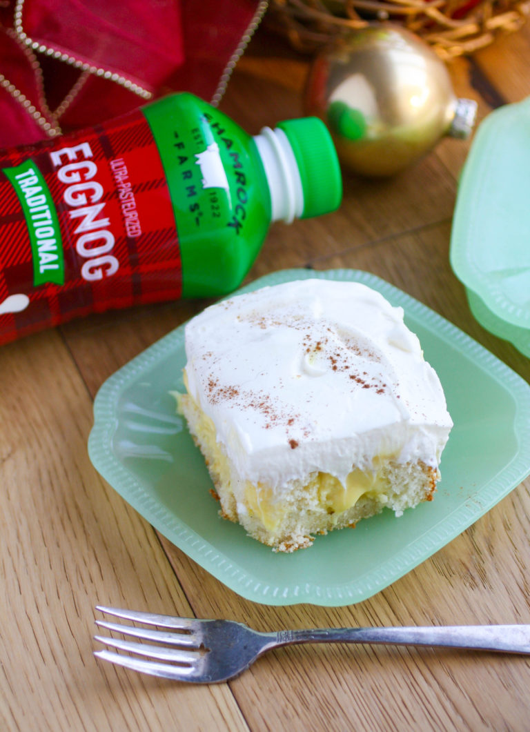 Eggnog Poke Cake with Whipped Cream Cheese Frosting