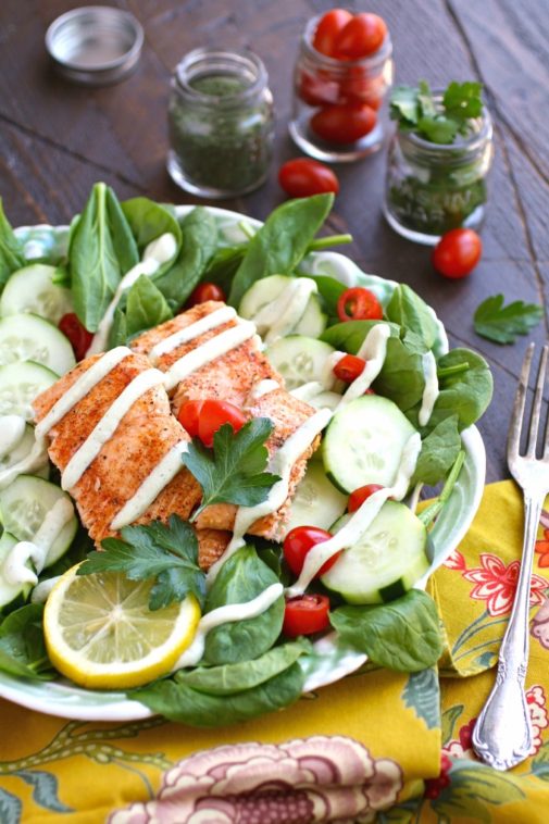 Spinach & Salmon Salad with Creamy Dairy-Free Herbed Dressing