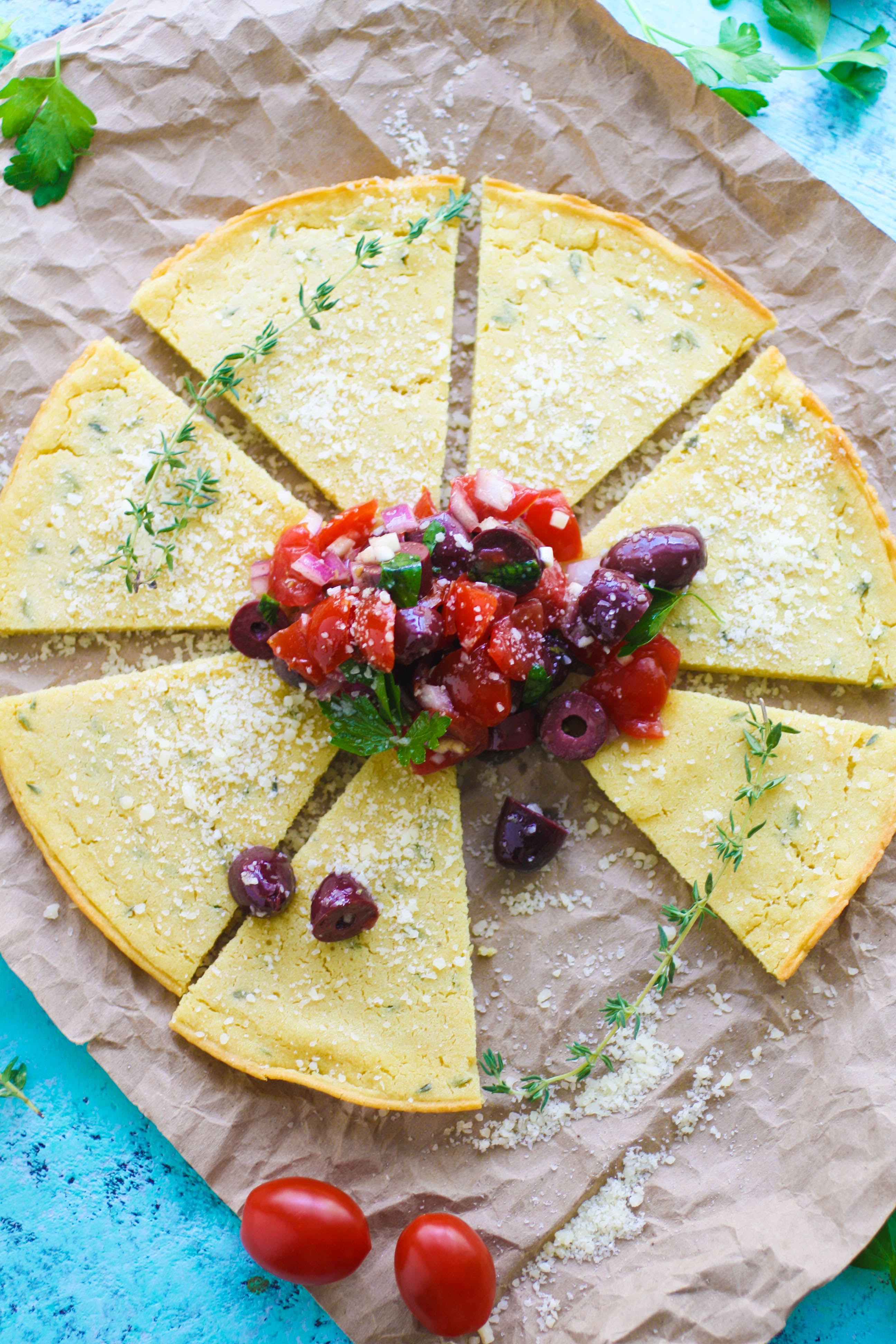 Socca (Chickpea Flour) Flatbread with Tomato and Olive Salad