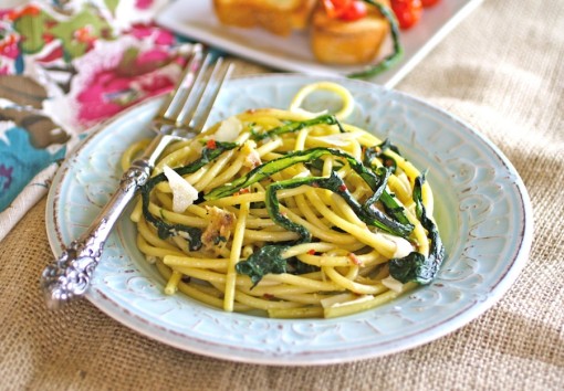 Bucatini with Wilted Dandelion Greens and Anchovy Sauce
